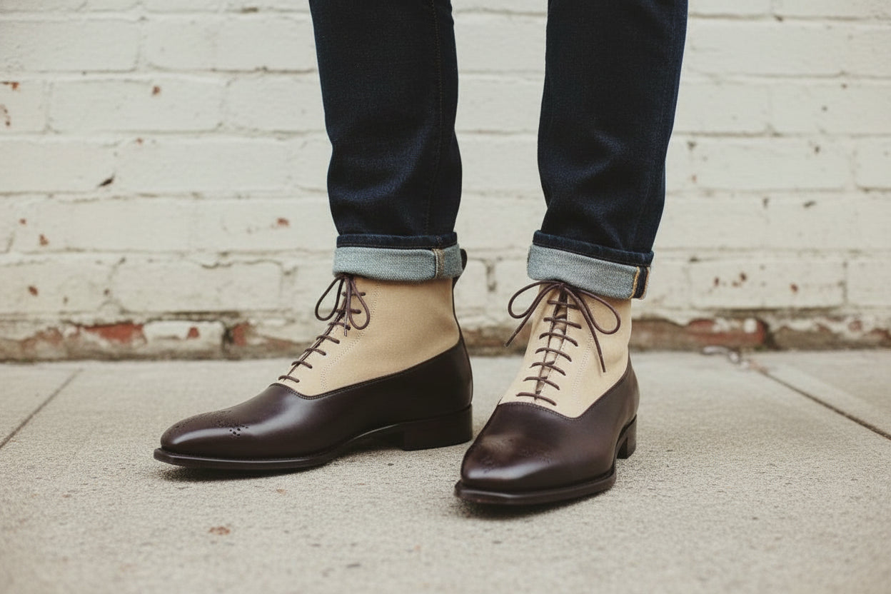 Handmade Men Two Tone Ankle Boots, Brown and Beige Suede Lace Up Boots