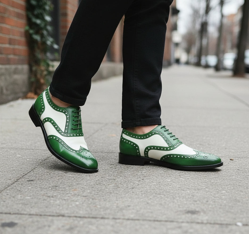 Handcrafted Men's Two-tone Wingtip Brogue Dress Shoes | Rebels Market US 6.5 / Green and White / D