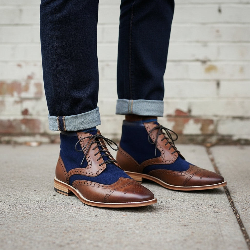 Handmade Men Two Tone Boot, Blue and Brown Ankle Boot, Mens Casual Boot