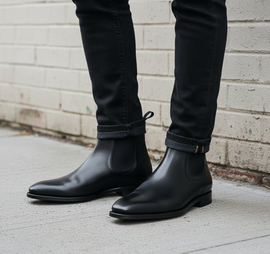 Handmade Men Full-Grain Leather Chelsea Boot Elastic Gore, Black Ankle Boots