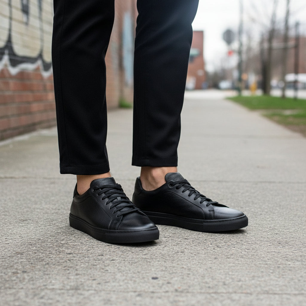 Black Leather Lace-Up Sneakers for Men