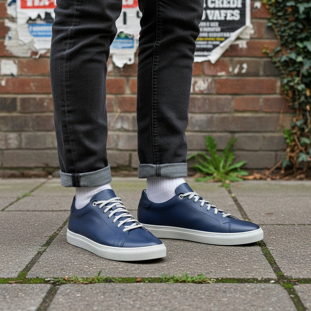 Men's Navy Blue Lace-Up Leather Sneakers