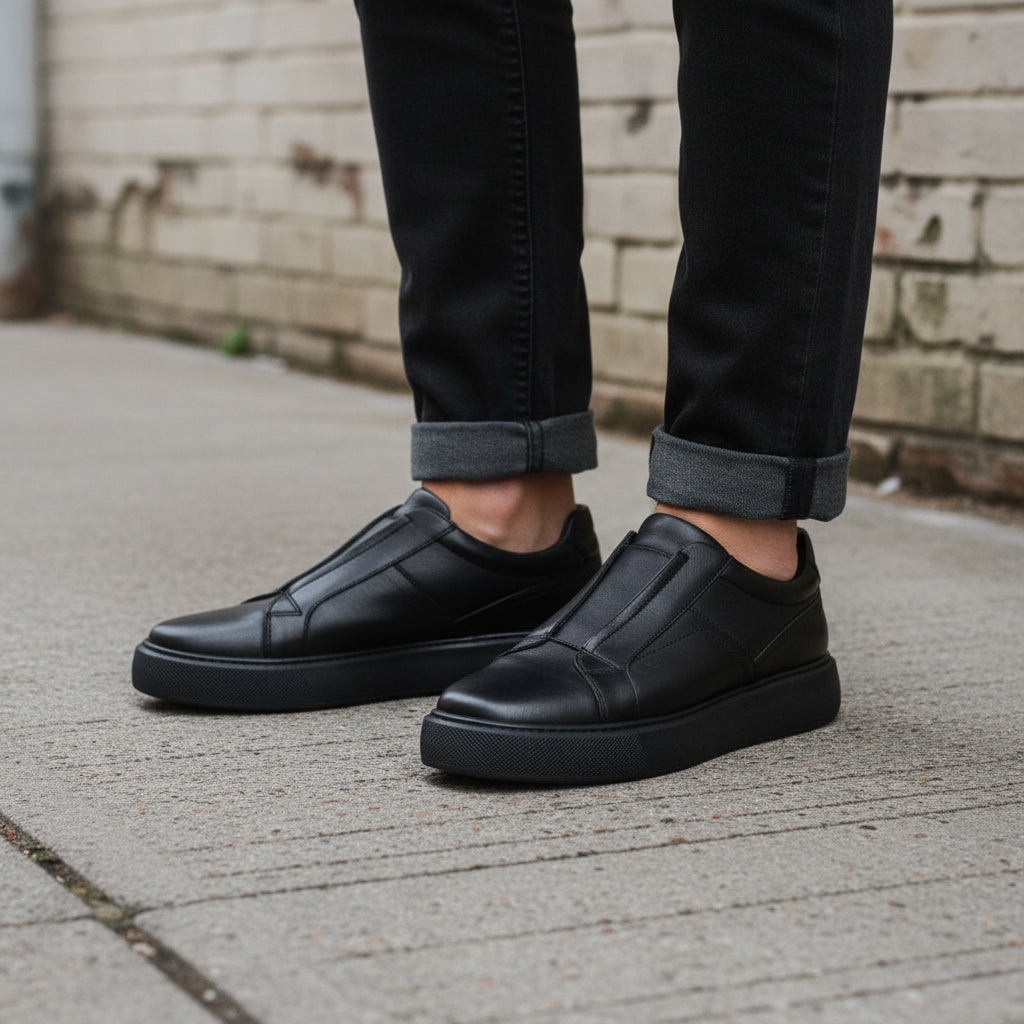 Men's Black Leather Slip-On Sneakers