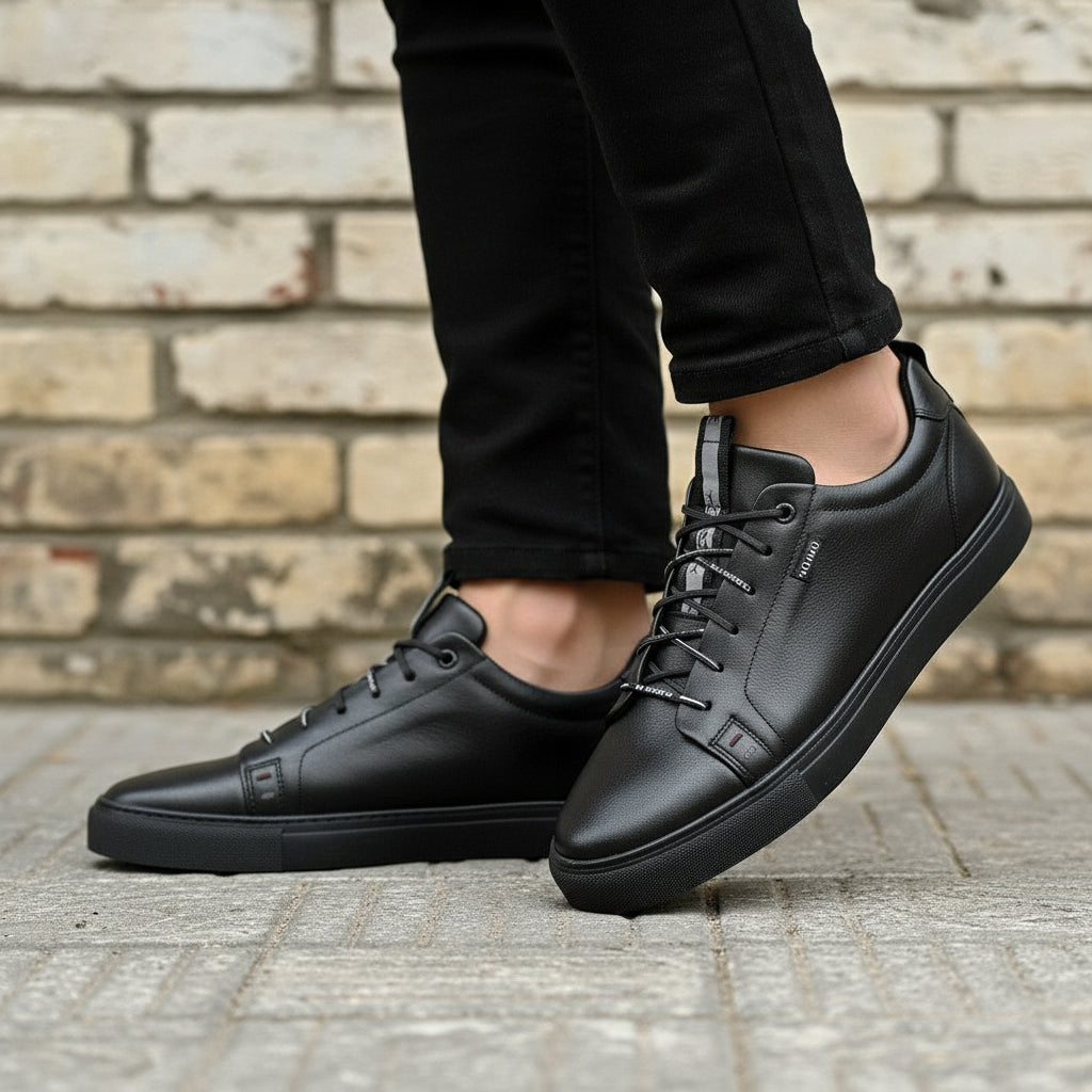 Men's Black Leather Plain-Toe Sneakers