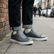 Gray Leather Lace-Up Sneakers for Men