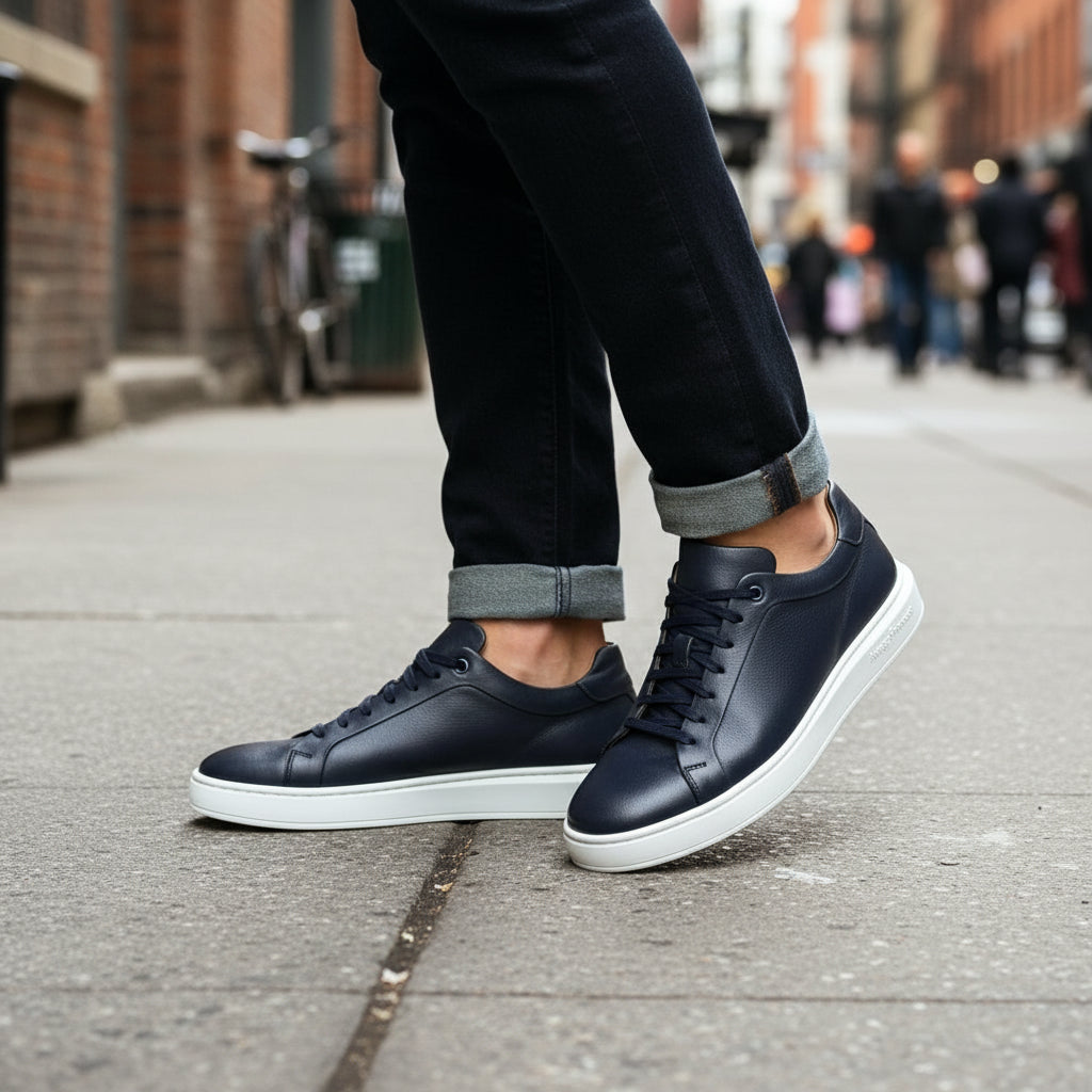 Men's Navy Blue Lace-Up Leather Sneakers