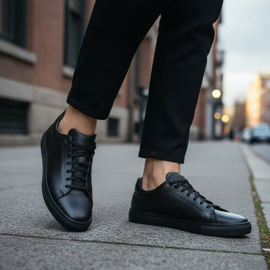 Men's Black Leather Plain-Toe Sneakers