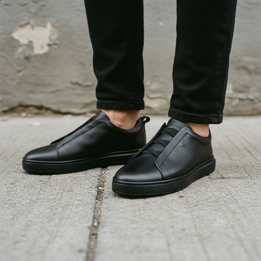 Men's Black Leather Slip-On Sneakers