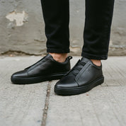 Men's Black Leather Slip-On Sneakers