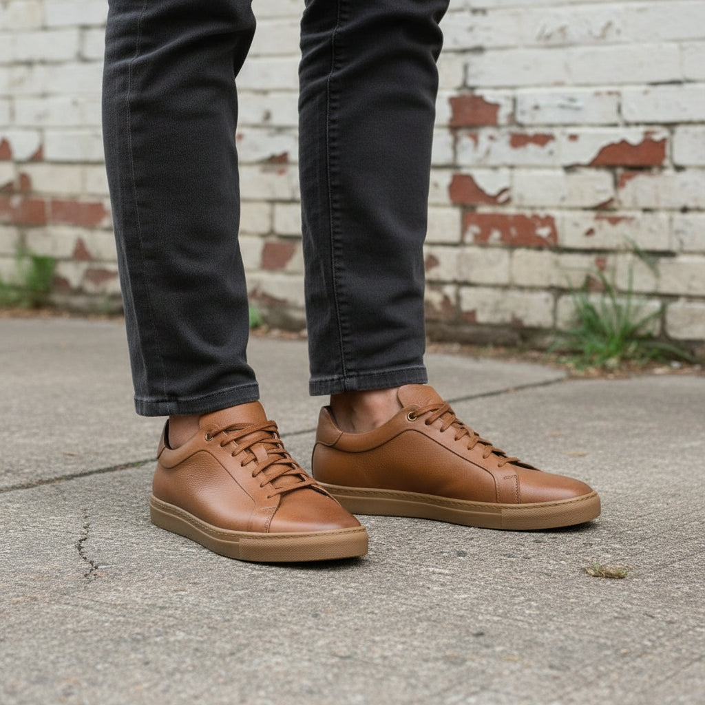 Men's Tan Leather Plain-Toe Sneakers