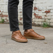 Men's Tan Leather Plain-Toe Sneakers