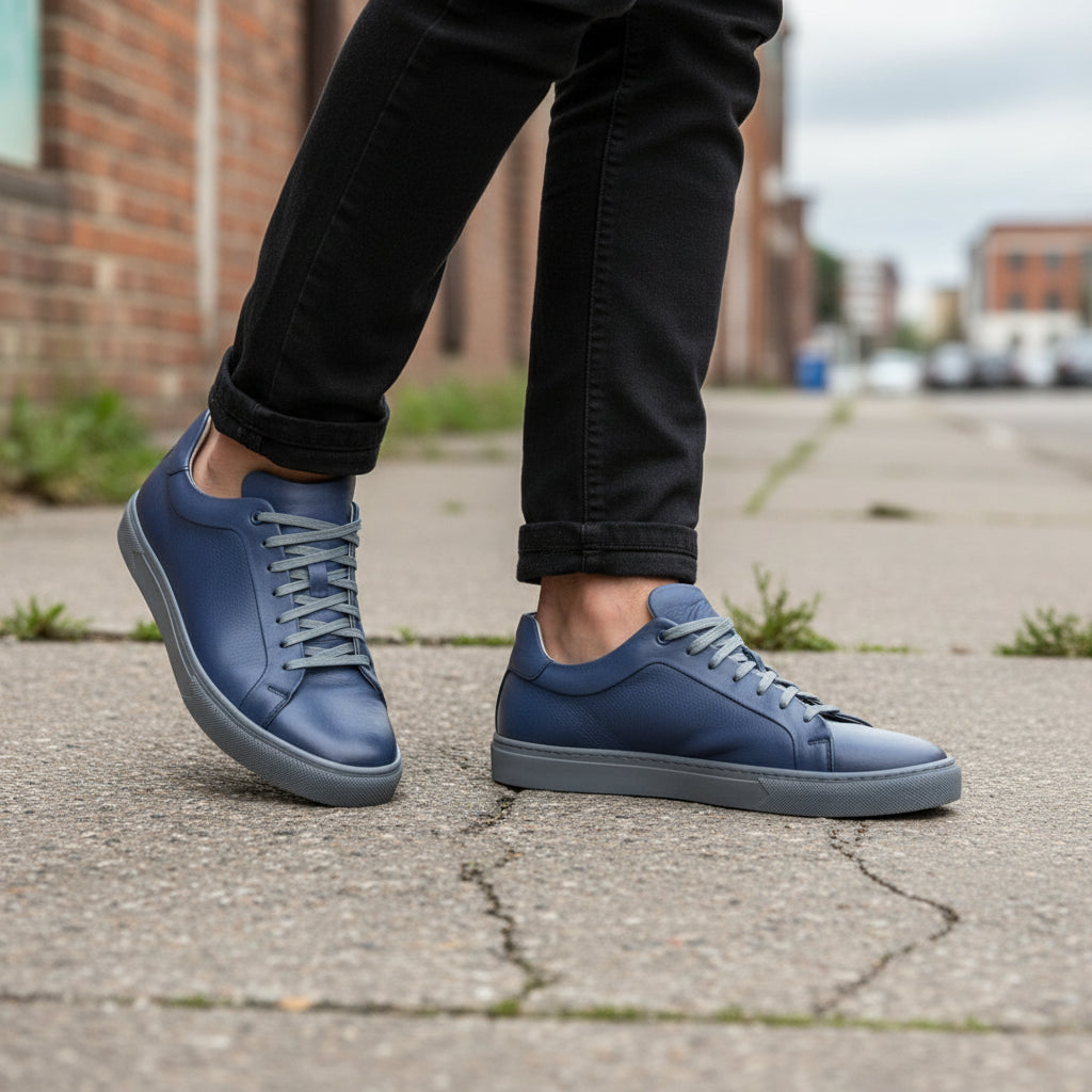 Men's Blue Leather Plain-Toe Sneakers
