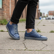 Men's Blue Leather Plain-Toe Sneakers