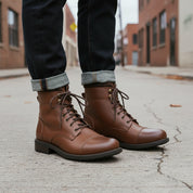 Men's Handmade Brown Leather Combat Boots with Cap Toe