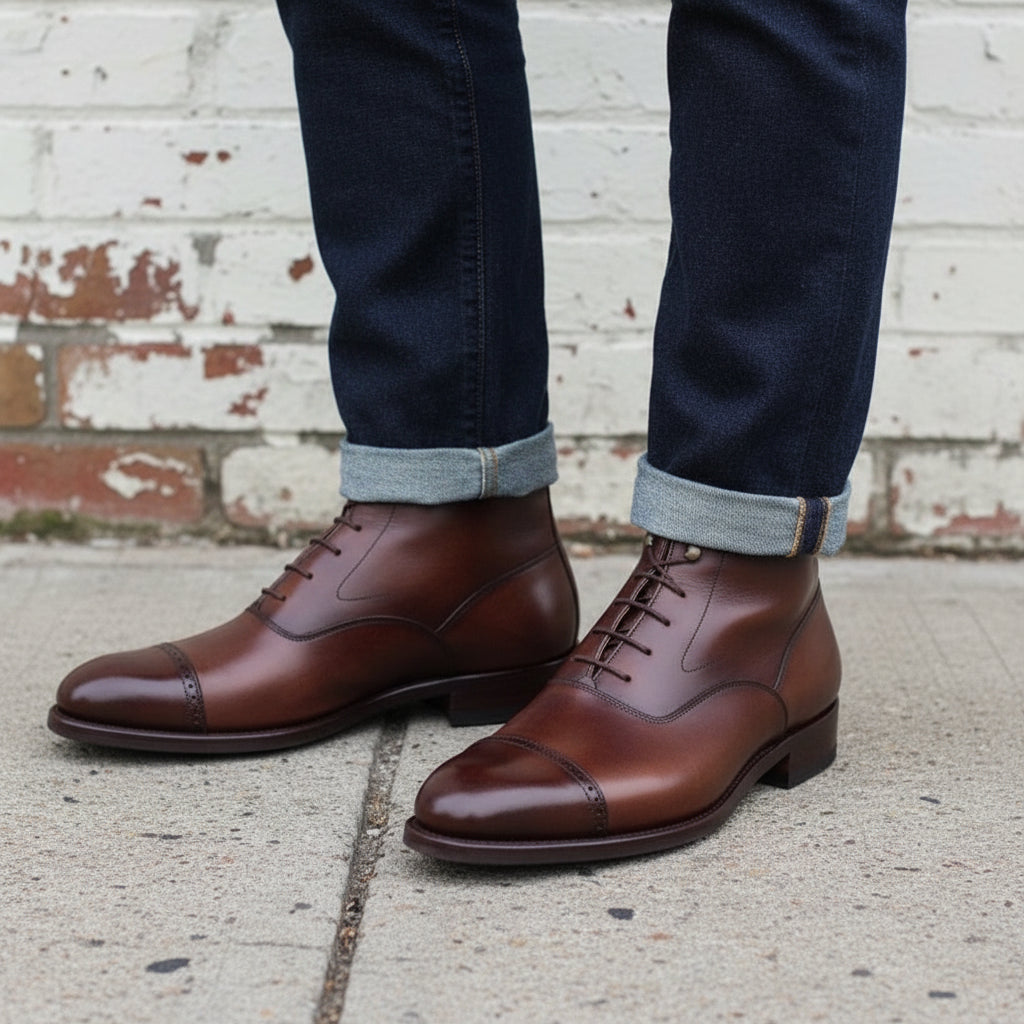Men's Handmade Brown Leather Lace-up Dress Boots