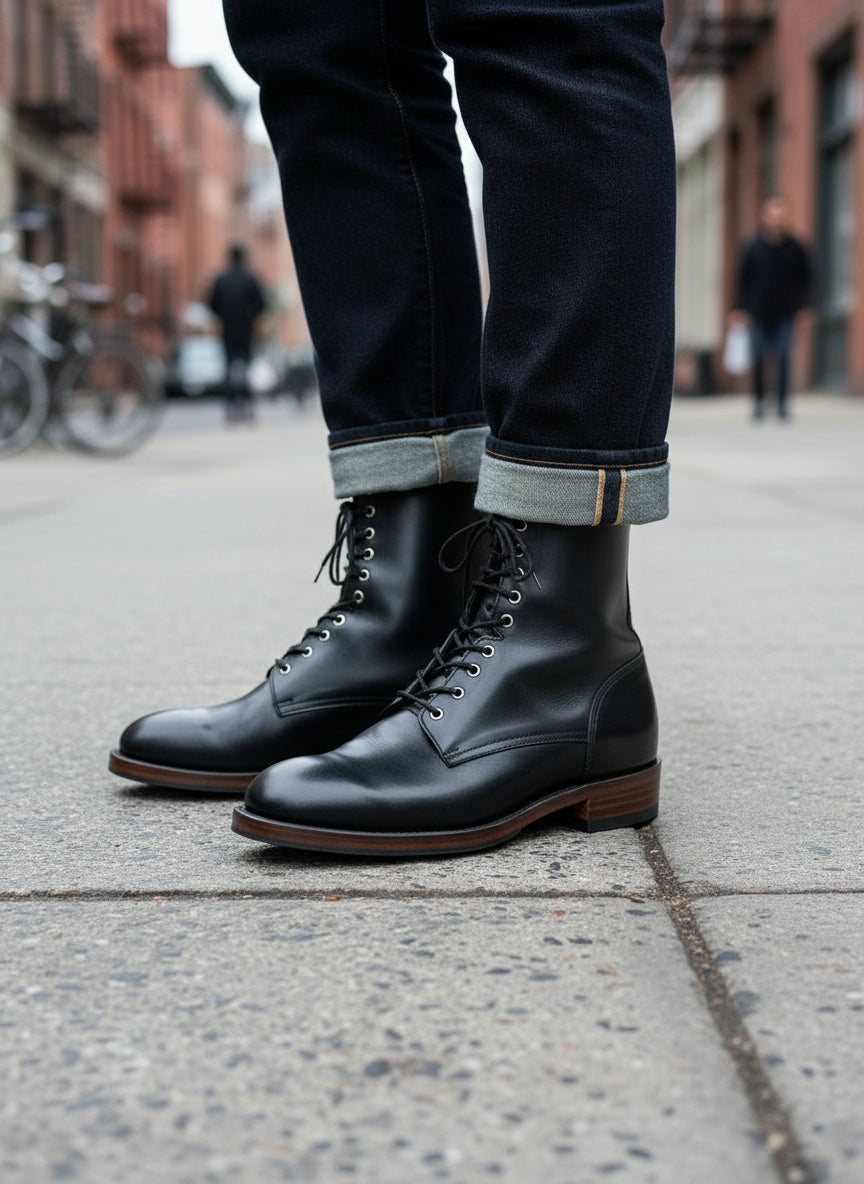 Handmade Men's Black Combat Boots, Men's Lace Up Boots