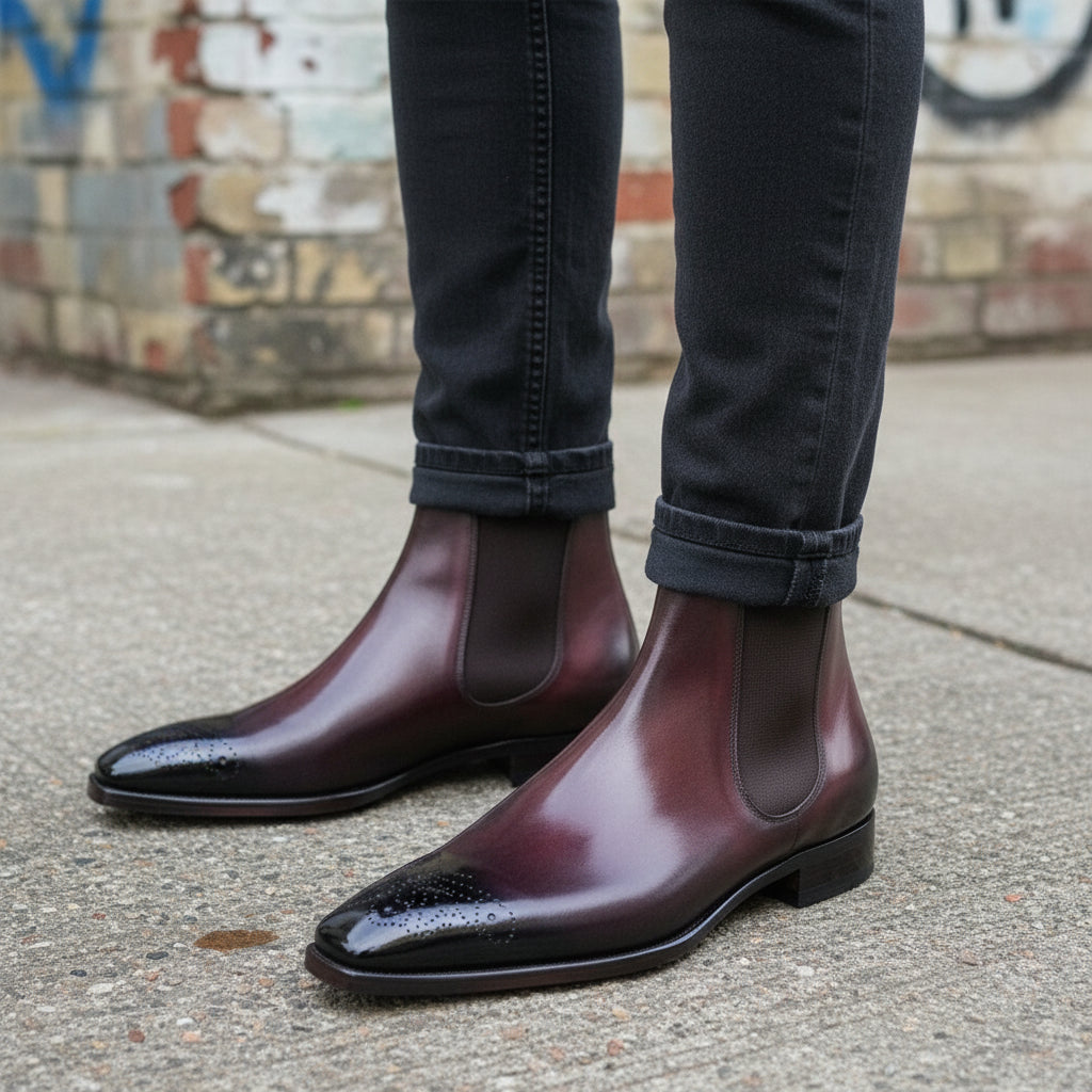 Handmade Men's Dark Burgundy Leather Chelsea Ankle Boots