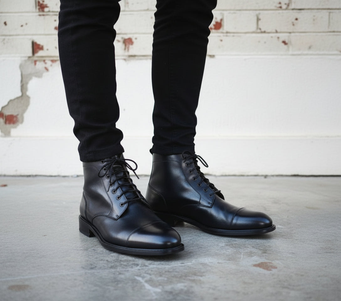 Handcrafted Men's Black Cap Toe Ankle Boots