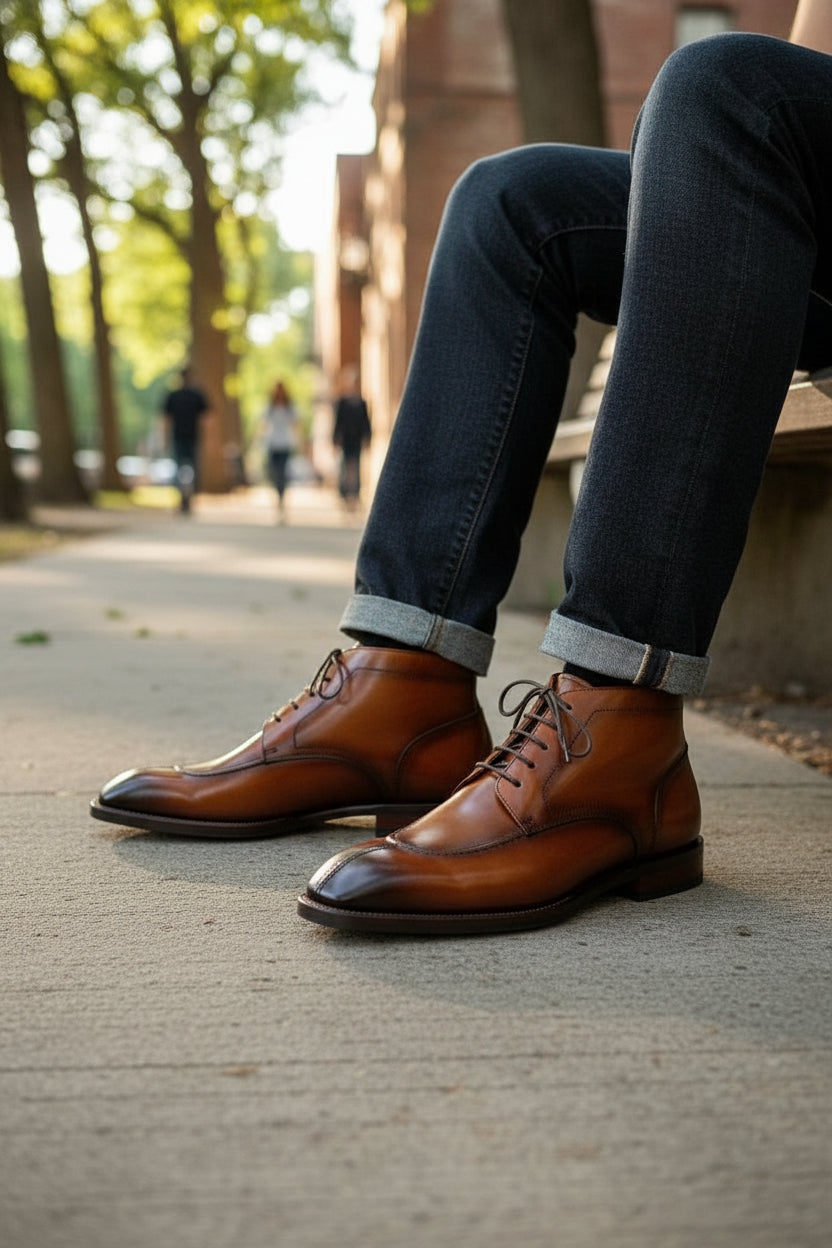 Handcrafted Men's Brown  Split Toe Lace-Up Dress Boots