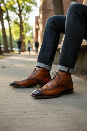 Handcrafted Men's Brown  Split Toe Lace-Up Dress Boots
