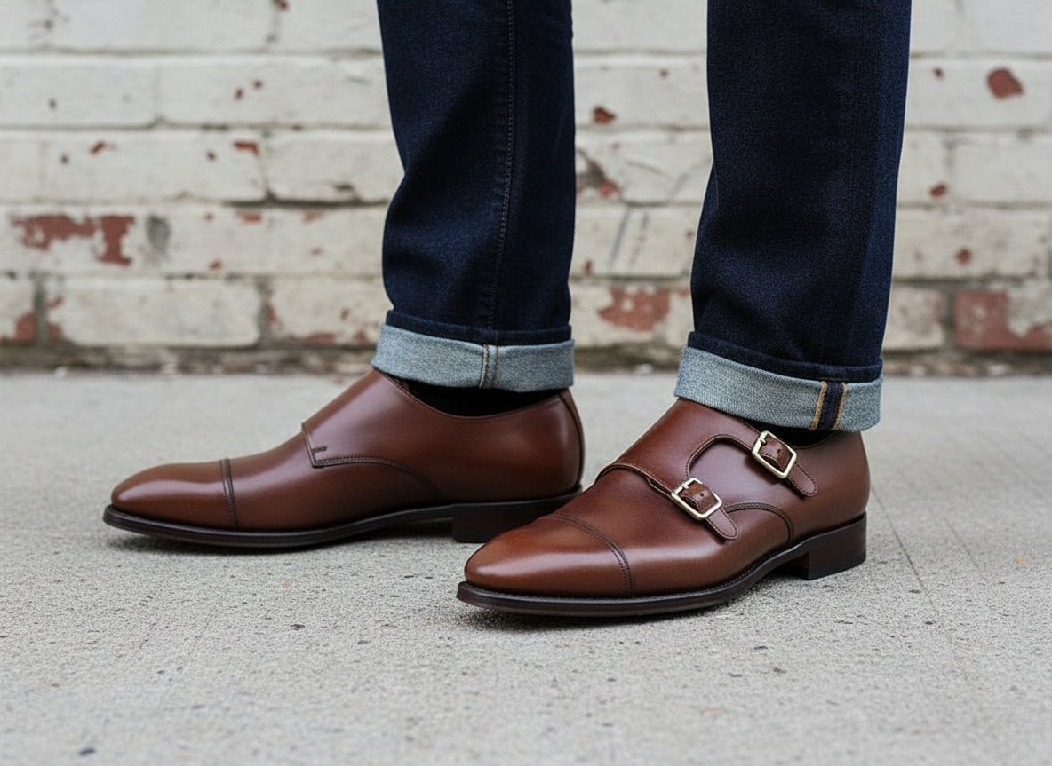 Handmade Mens Double Monk Brown Dress Shoes, Brown Oxford Shoes for Men