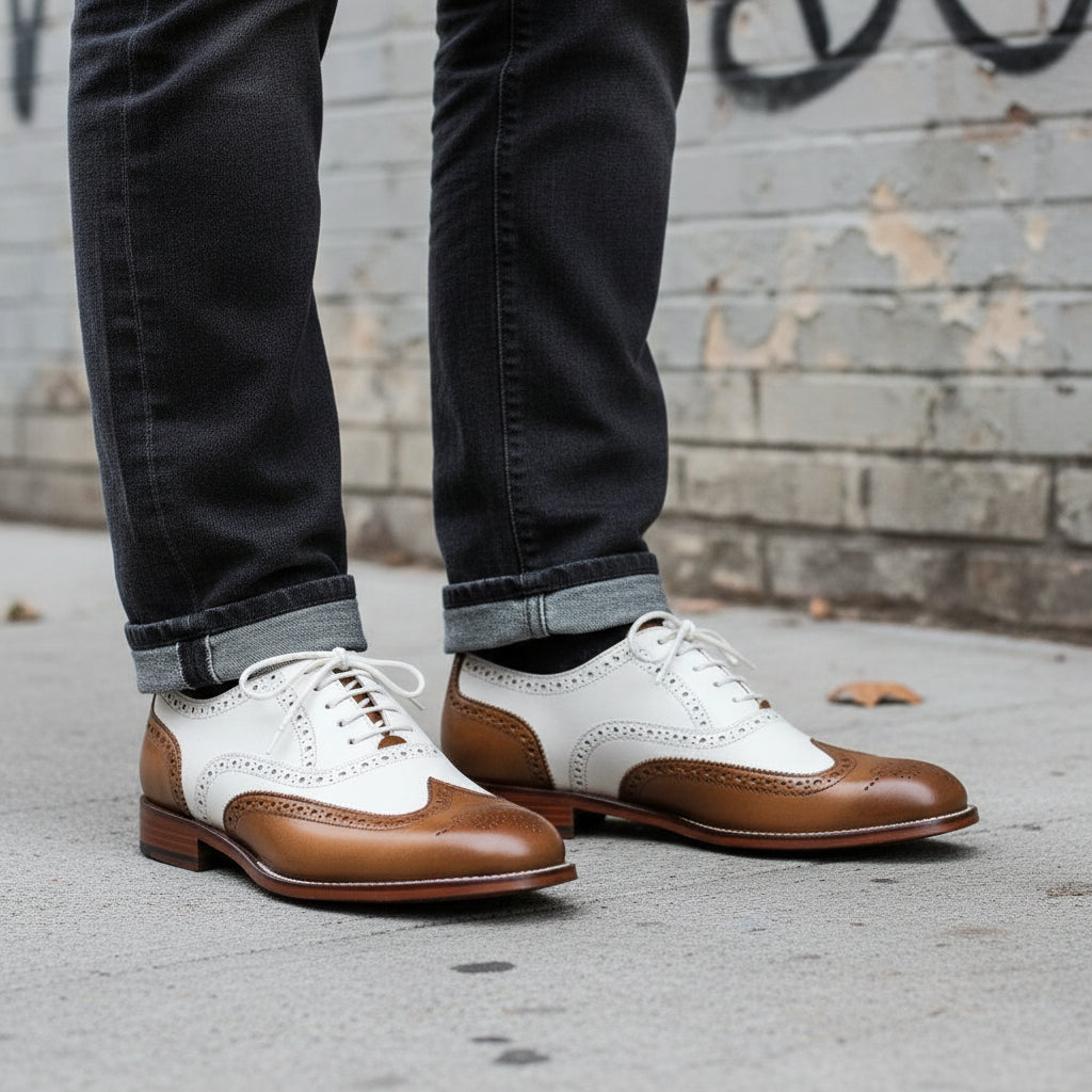 Handmade Men's Spectator Shoes: Two-tone Wingtip Brogues