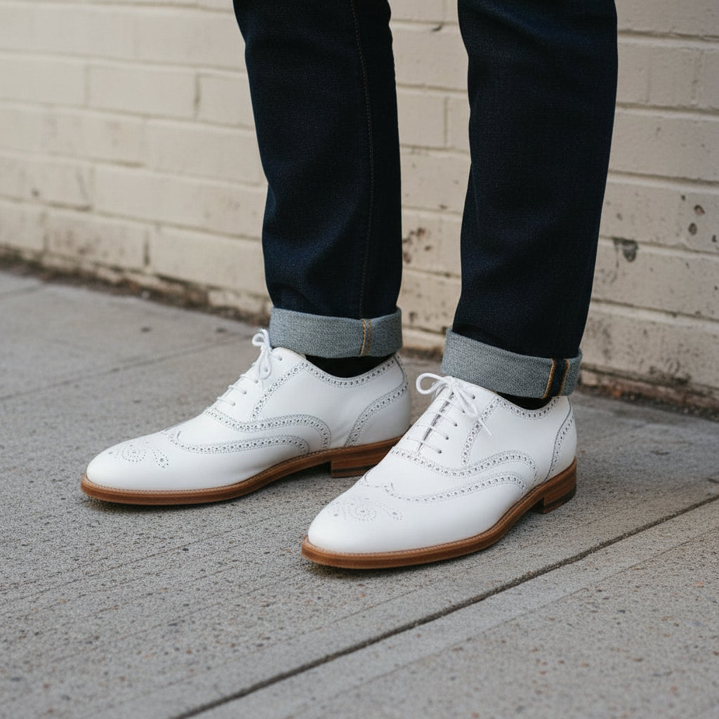 Handmade Men White Wingtip Brogue Shoes, Brogue Formal Shoes Shoes