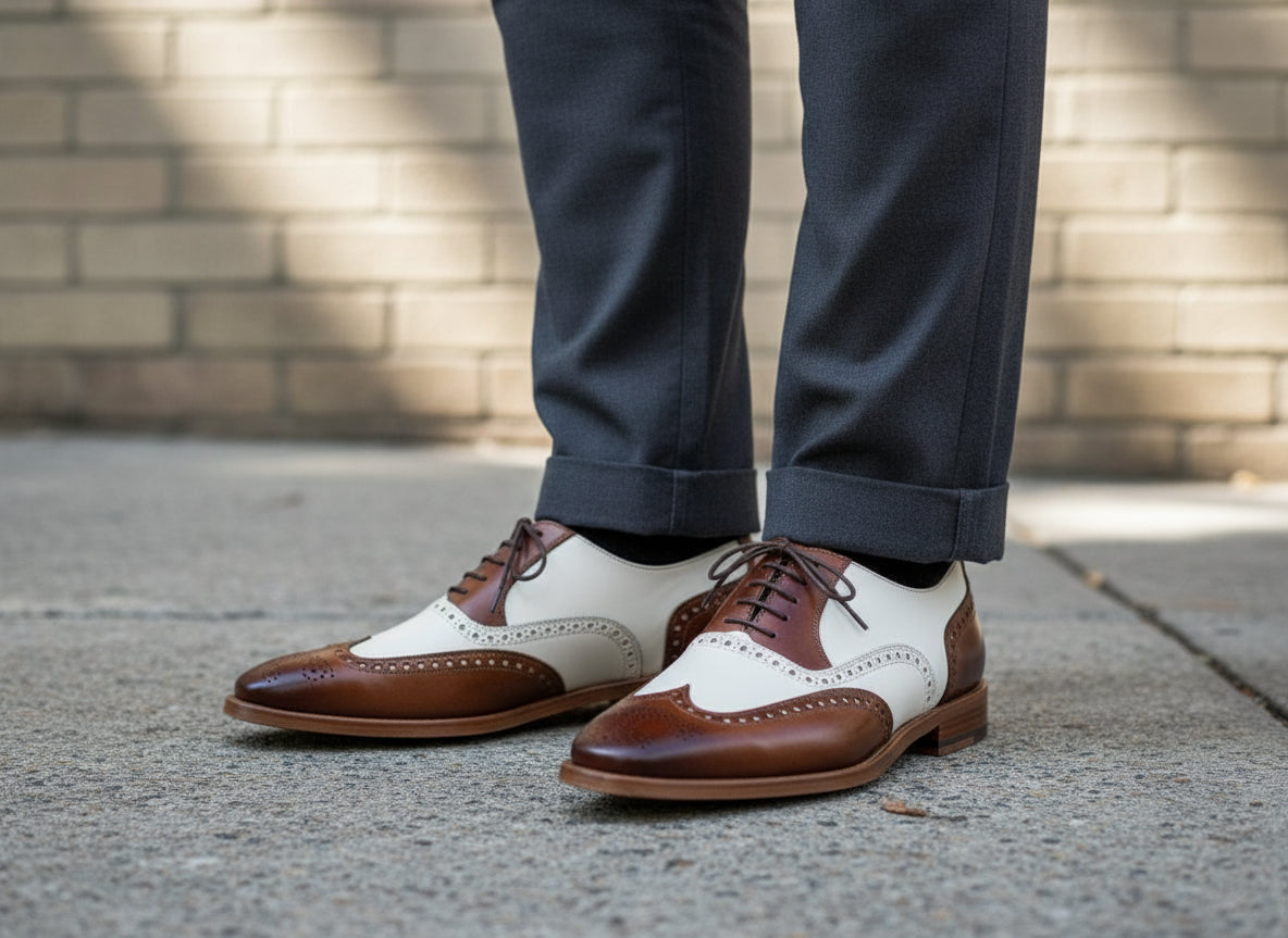 Handcrafted Brogue Wingtip Brown and White Formal Shoes, New Men Spectator Shoes For Men
