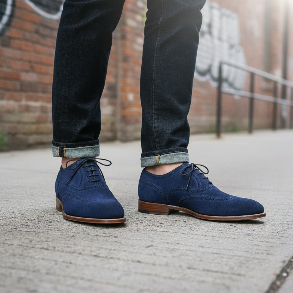 Handmade Mens Brogue Blue Suede Shoes, Men Wingtip Suede Blue Party Shoes