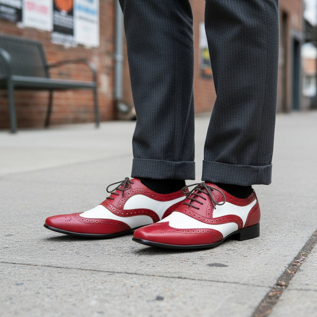 Handmade Men Spectator Shoes - Red White Shoes Wingtip Brogue Dress