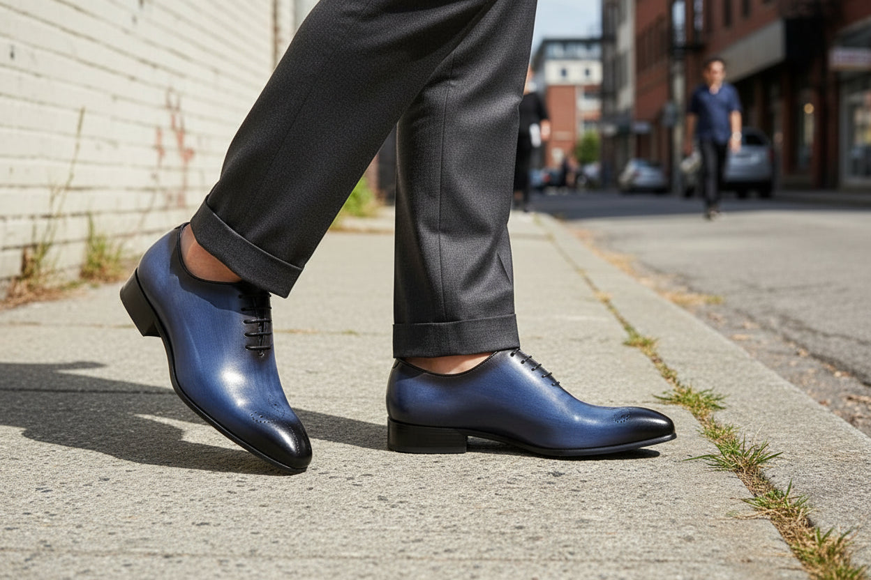 Handmade Men's Blue Brogue Dress Shoes