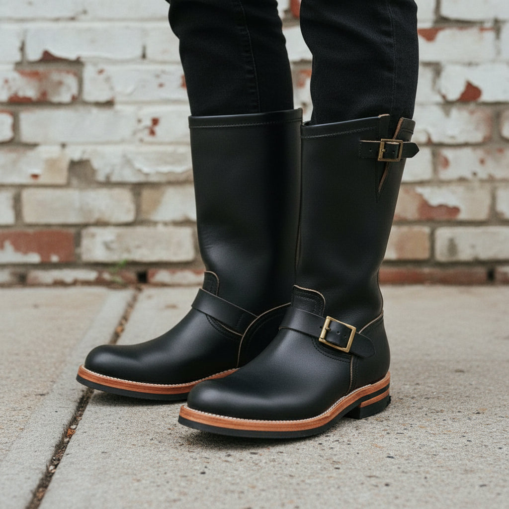 Handcrafted Western Cowboy Boots with Vintage Buckle and Square Heel