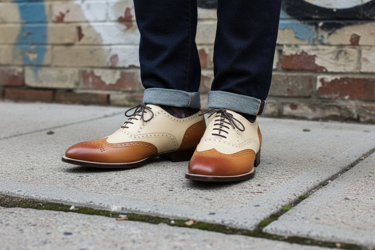 Handcrafted Men's Two-tone Wingtip Brogue Shoes