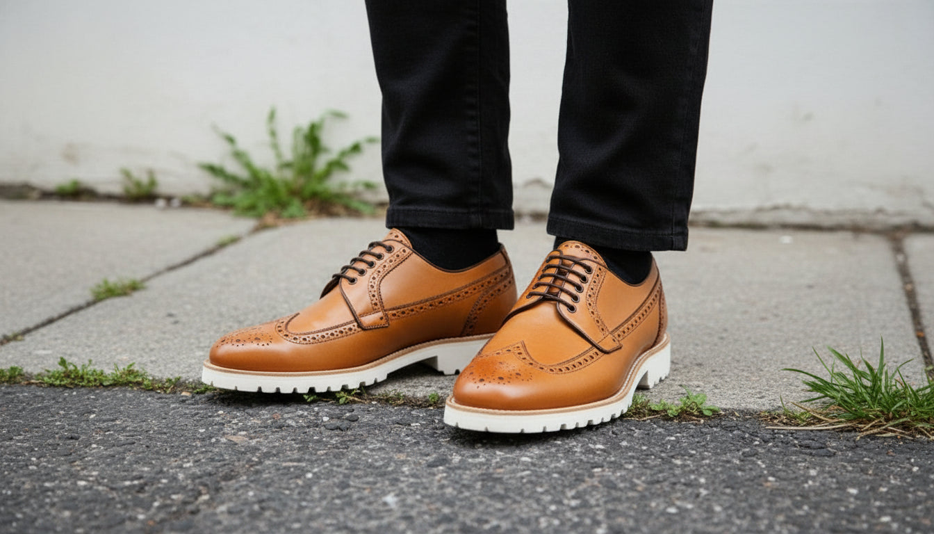 Tan Leather Brogue Shoes with Rubber Sole, Handmade Leather Shoes for Men