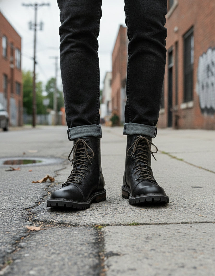 Men's High Ankle Biker Boots in Genuine Calf Leather
