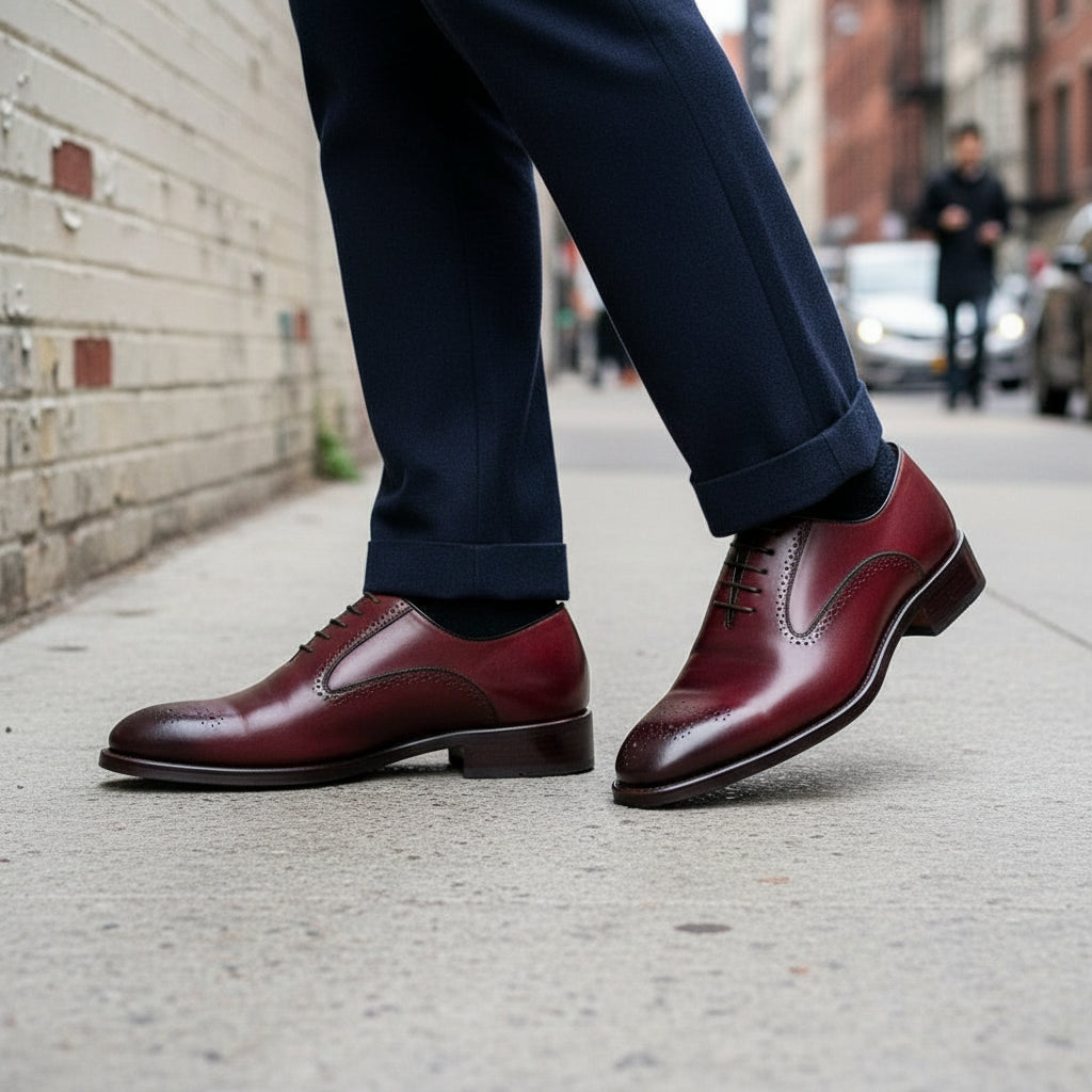 Men's Elegant Burgundy Leather Brogue Dress Shoes