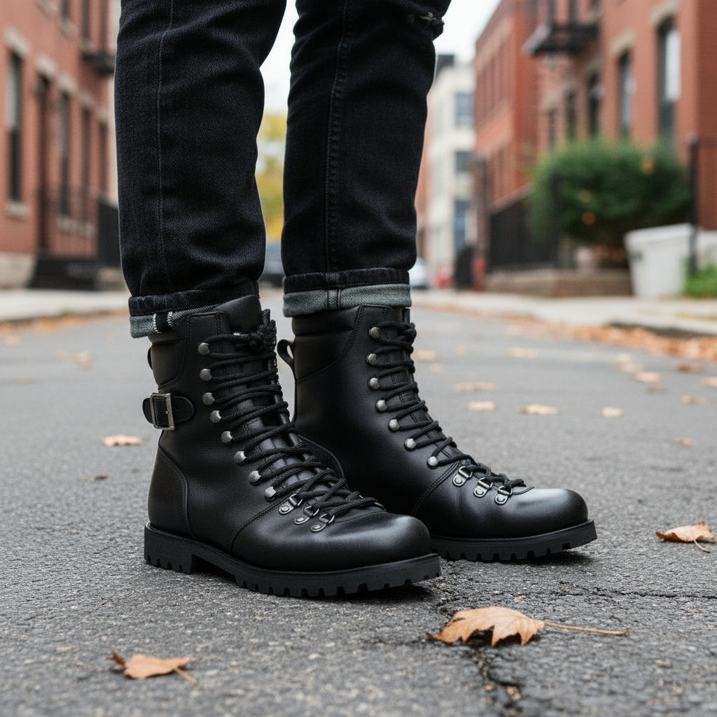 Handmade Men's Black Biker Leather Ankle Boots