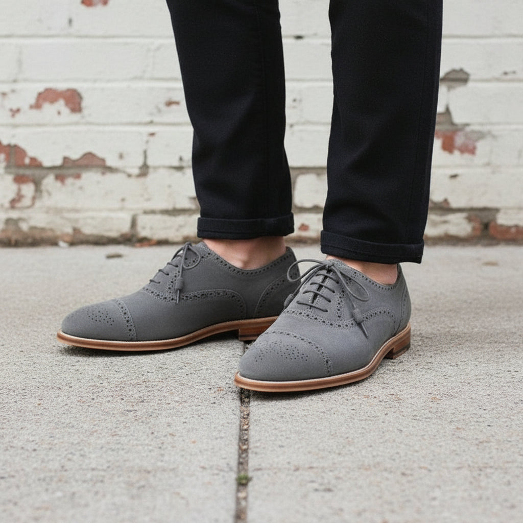 Handmade Mens Light Gray Suede Brogue Shoes, Men Gray Dress Shoes