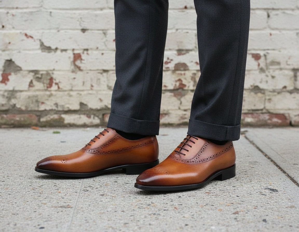 Handmade Men Tan Brown Dress Shoes, Men Brown Leather Brogue Formal Shoes