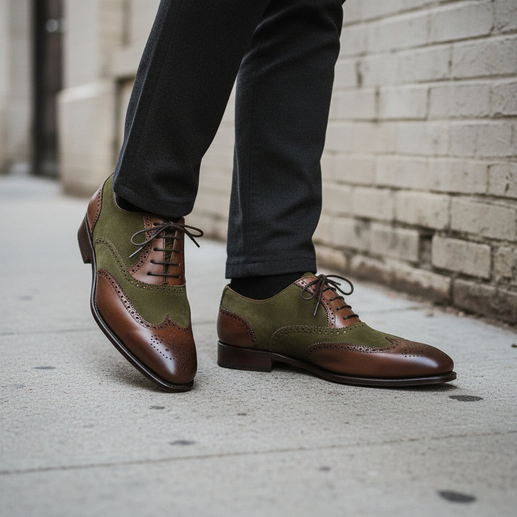 Men's Two tone wing tip brogue dress shoes, Men formal leather shoes