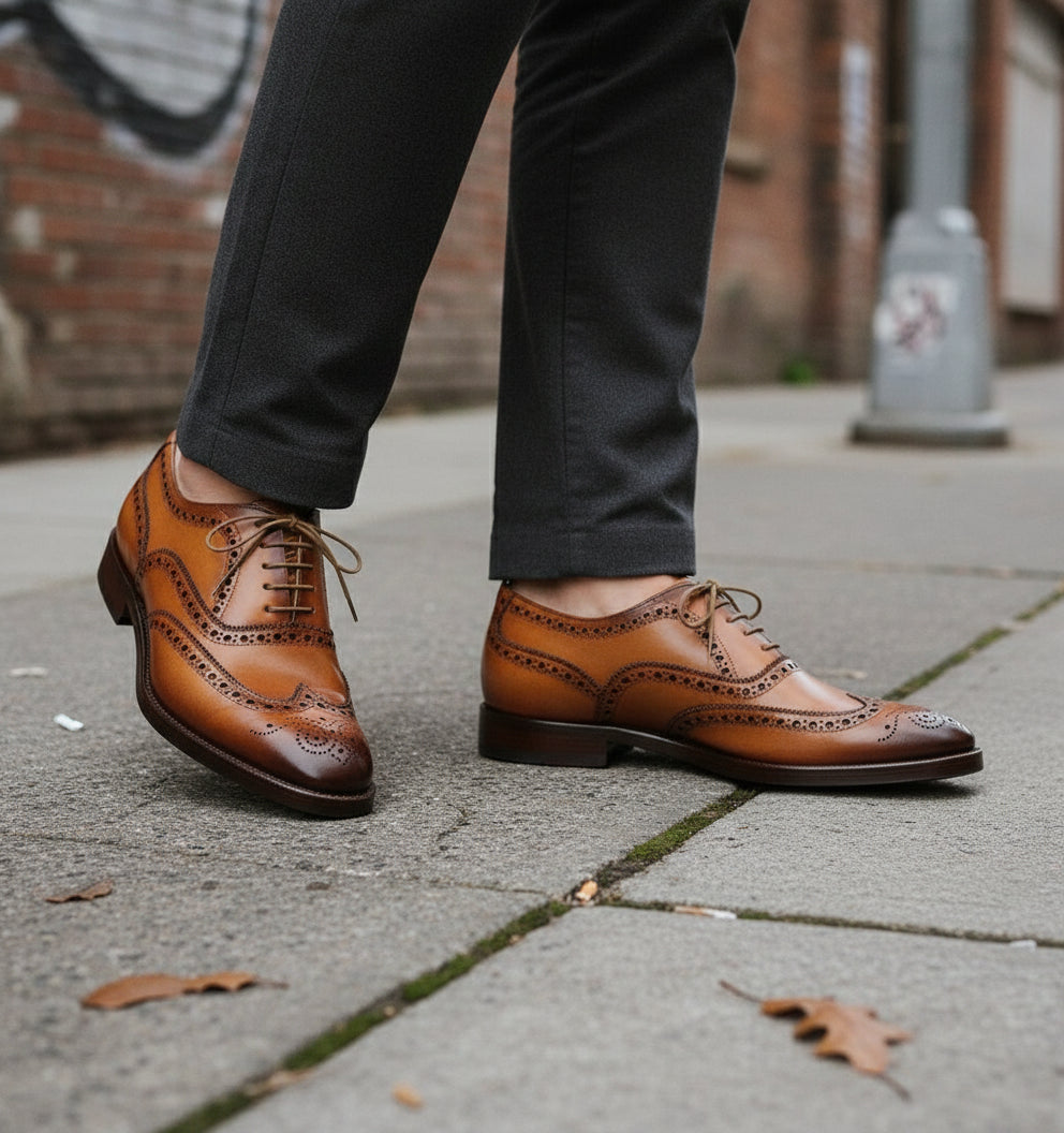 Men's Tan Genuine Leather Brogue Dress Shoes US 9 / Tan / D - Standard Men's Tan Genuine Leather Brogue Dress Shoes US 9 / Tan / D - Standard
