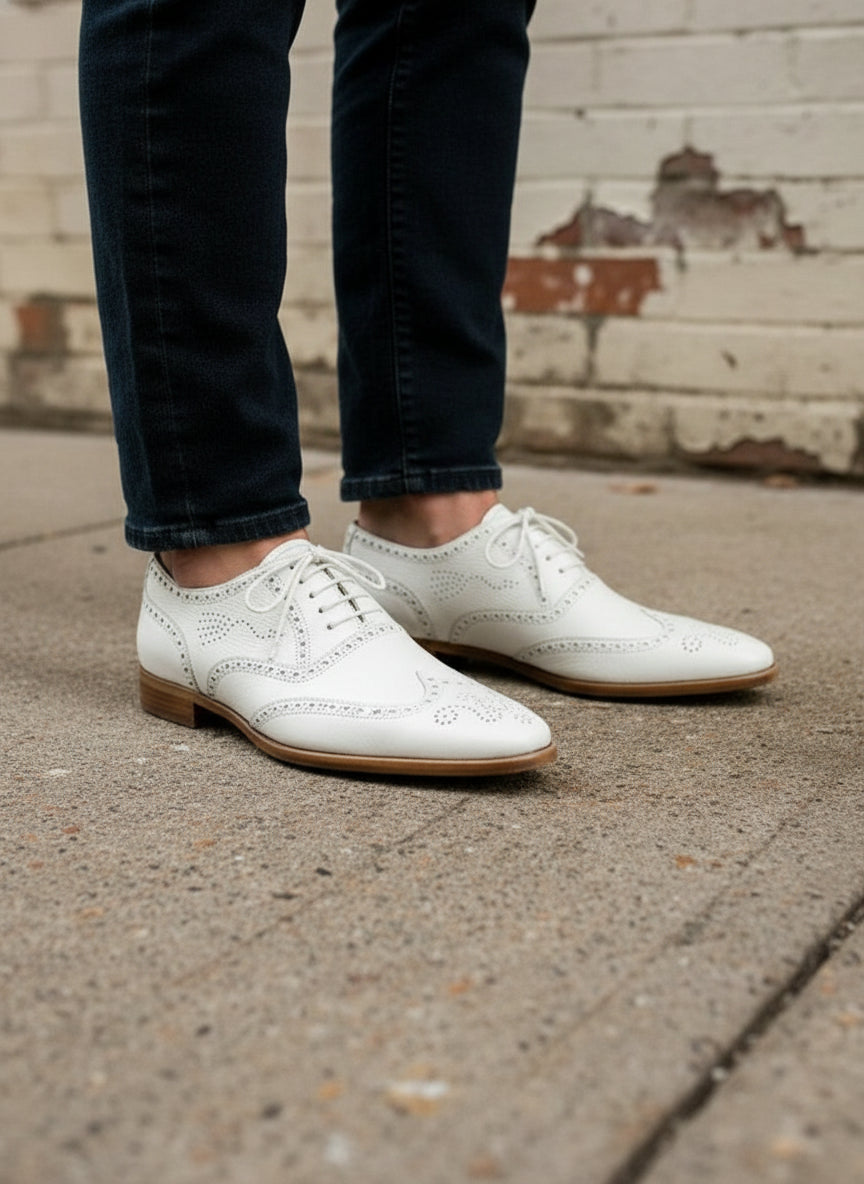 Handcrafted Men's White Wingtip Brogue Dress Shoes