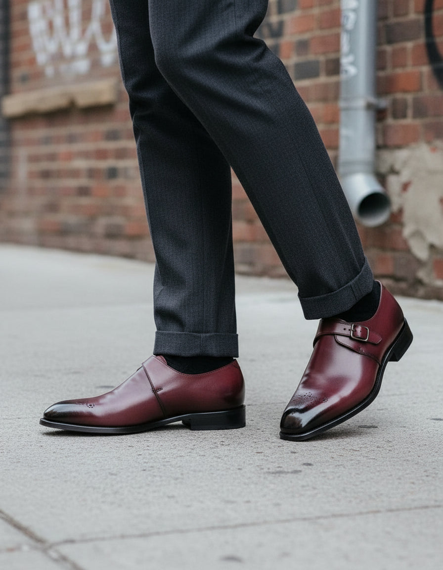 Men's Maroon Monk Dress Shoes - Handmade Leather Formal Footwear