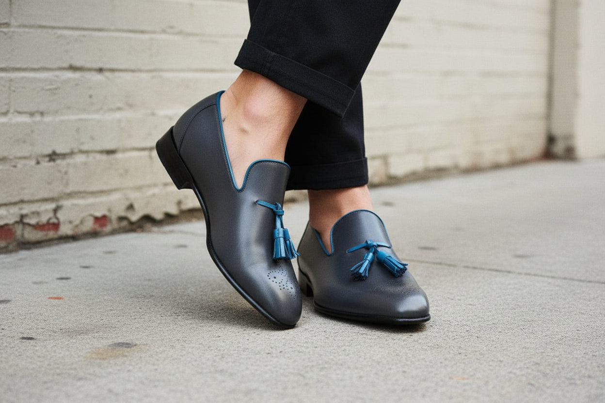 Handmade Men Shoes Mens Black Tassels Leather Shoes Dress Leather Shoes