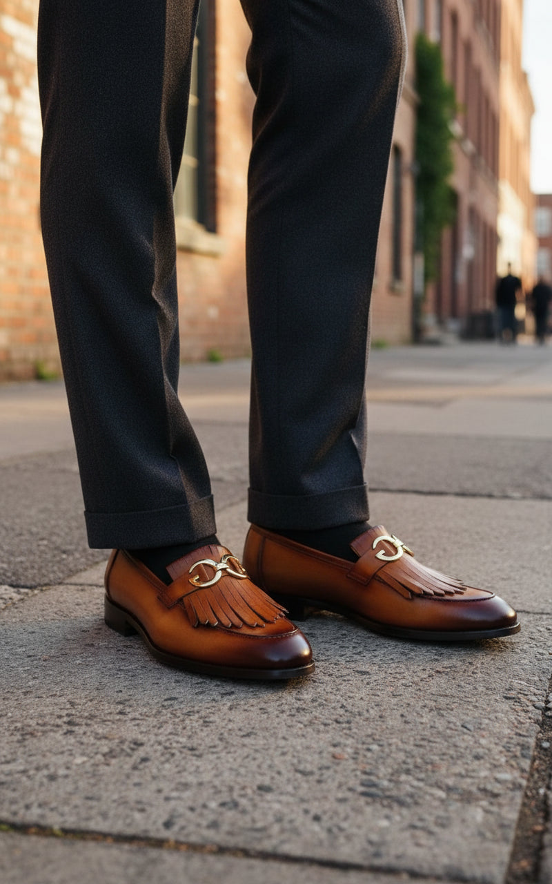 Handmade Tan Leather Fringe Buckle Shoes Moccasins, Mens Leather Shoes