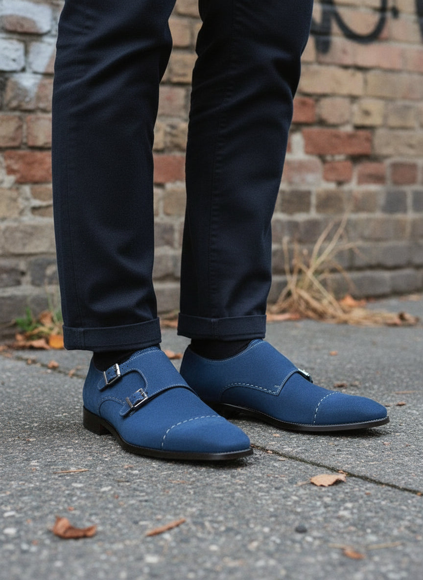 mens royal blue dress shoes Men's Royal Blue Cap-Toe Suede Double Monk Strap Shoes