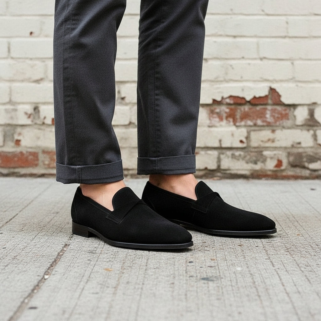 Handmade Mens Black Suede Moccasins, Men Black Suede Dress Shoes