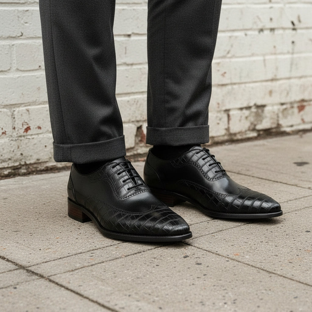 Men's Black Crocodile Patterned Oxford Dress Shoes