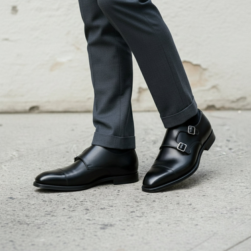 Men's Black Leather Double Monk Dress Shoes