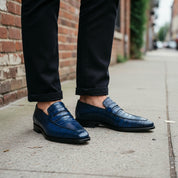 Handcrafted Blue Leather Moccasins with Crocodile Embossing